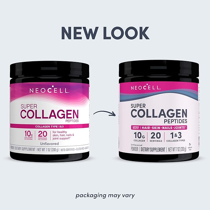 NeoCell Super Collagen Peptides, 10g Collagen Peptides per Serving, Gluten Free, Keto Friendly, Non-GMO, Grass Fed, Healthy Hair, Skin, Nails and Joints, Unflavored Powder, 7 oz., 1 Canister