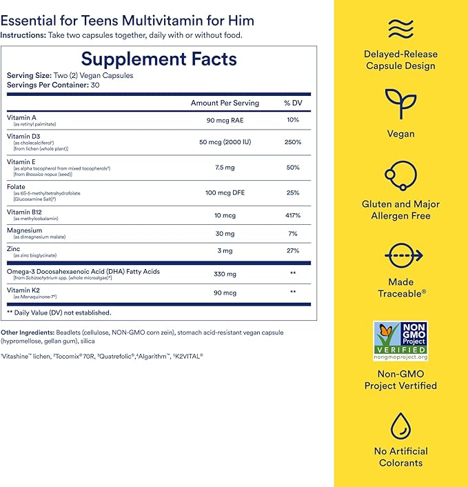 Ritual Teen Vitamins for Boys - Zinc, Vitamin A and D3 for Immune Function Support*, Omega-3 DHA & B12 for Brain Health, Non-GMO, Mint Essenced, 30 Day Supply, 60 Vegan Capsules