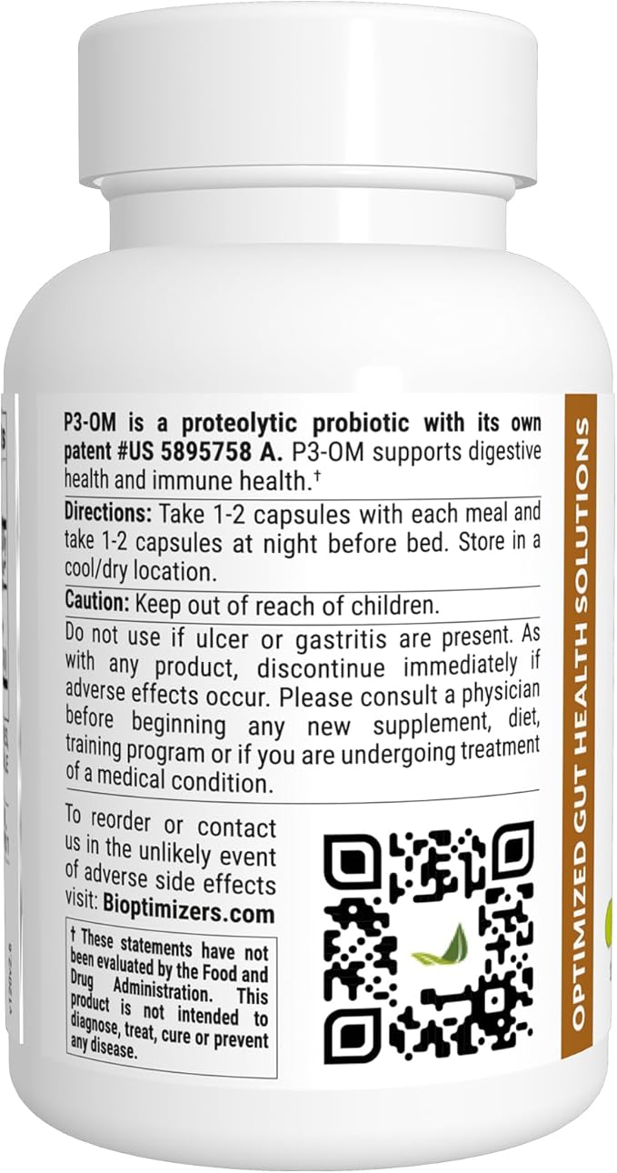 BiOptimizers P3-OM Proteolytic Prebiotics & Probiotics Supplement – Lactobacillus Plantarum for Digestive & Immune Health – Bloating & Gut Relief Support for Men & Women (120 Vegan Capsules)