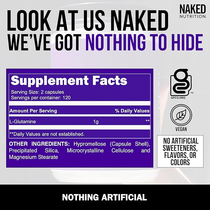 Naked L-Glutamine Muscle Recovery Capsules, 1000mg, 240 Count, Made in The USA, Non-GMO, Gluten and Soy Free
