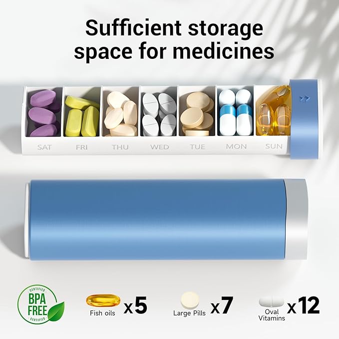 Weekly Pill Organizer 7 Day, Betife Daily Pill Box, Travel Pill Case, Cute Pill Holder to Hold Vitamins, Medicines, Supplements, Pills Organizer (Blue)