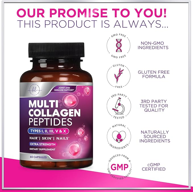 Collagen Peptides Powder Capsules for Women, 1800mg Hydrolyzed Collagen Type I, II, III, V & X, Hair, Nail, Skin, Bone & Joint Support, Collagen for Women & Men, Grass-Fed Collagen - 60 Capsules