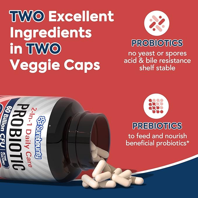 Probiotics 60 Billion CFU 19 Strains for Men & Women, with 100mg Prebiotic, Shelf Stable, 2-in-1 Daily Care Probiotic, Non-GMO, Digestive & Immune Health, 60 Veggie Capsules