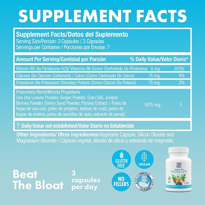 Yes You Can! Natural Water Lipo Pills - Diuretic Cleanse with Electrolytes & Vitamins - Helps with Water Retention - Gluten-Free, 21 Capsules Per Bottle