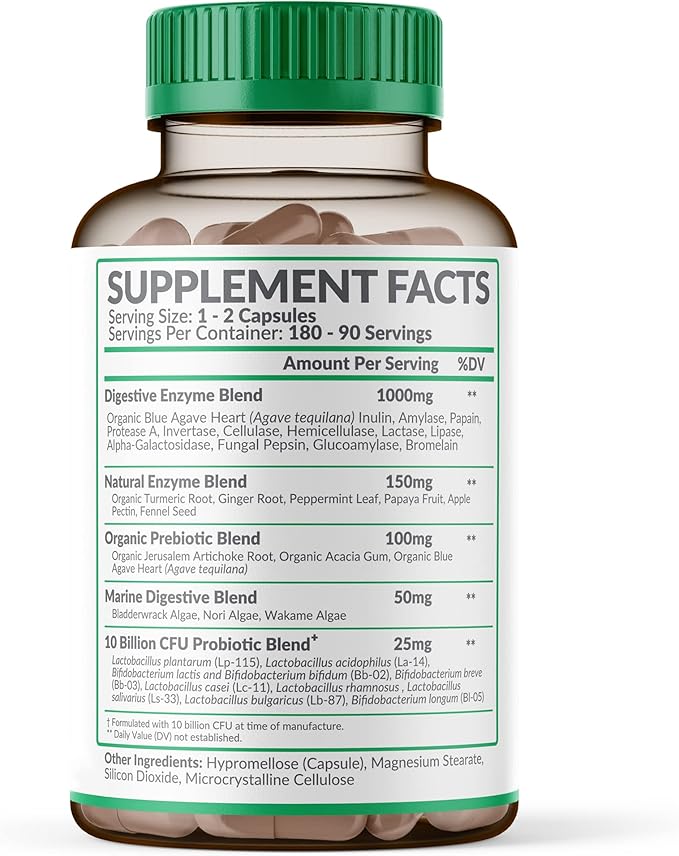 Wholesome Wellness Digestive Enzymes 1000MG Plus Prebiotics & Probiotics Supplement, 180 Capsules, Organic Plant-Based Vegan Formula for Digestion & Lactose with Amylase & Bromelain,3-6 Months Supply