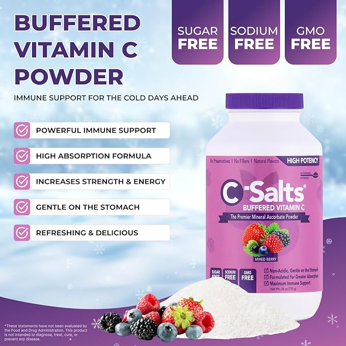 4000mg Vitamin C Powder Supplement - 100% Pure Buffered Powdered Drink with Ascorbate C - Potent Immune Support, Stomach-Friendly, Organic, Vegan, Sodium & Sugar-Free, Mixed Berry 26oz