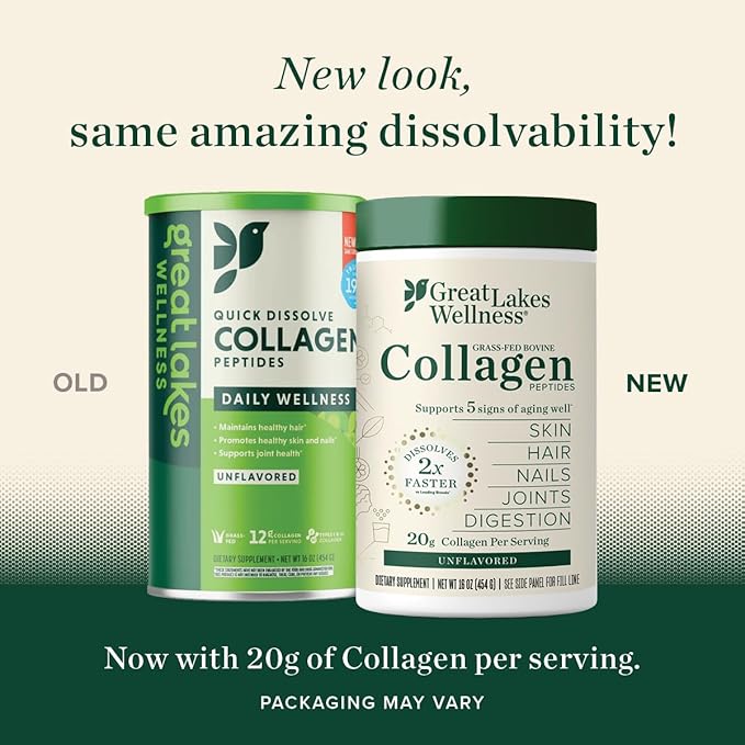 Great Lakes Wellness Collagen Peptides Powder for Skin, Hair, Nails, Joints & Digestion - Unflavored - Quick Dissolve Hydrolyzed, Non-GMO, Keto, Kosher - 16oz - 4 Pack - Packaging May Vary