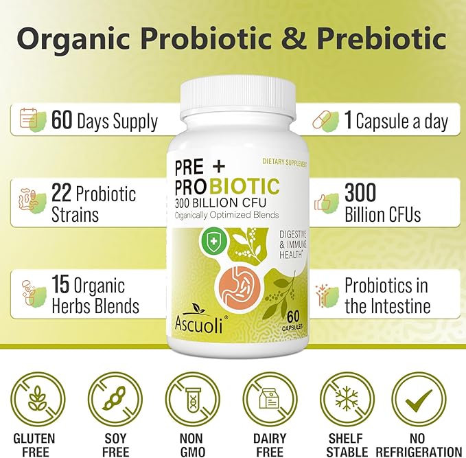 Probiotics for Women & Men - 300 Billion CFU, 22 Strains Probiotics + 15 Organic Herbs Blend, Daily Probiotics for Digestive Health, Immune, Gut, Bloating - 60 Capsule