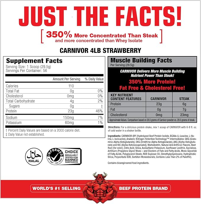 MuscleMeds Carnivor Beef Protein Isolate, 0 Lactose, 0 Sugar, 0 Fat, Halal Certified, Strawberry, 3.9lb, 56 Servings, 3.9lb