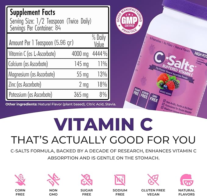 4000mg Vitamin C Powder Supplement - 100% Pure Buffered Powdered Drink with Ascorbate C - Potent Immune Support, Stomach-Friendly, Organic, Vegan, Sodium & Sugar-Free, Mixed Berry 8oz