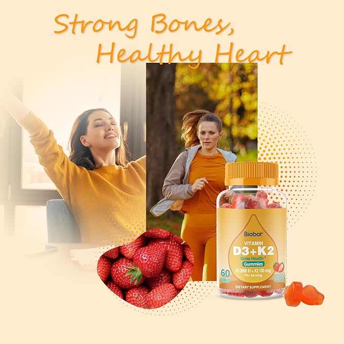 Natural Vitamin D3 K2 Gummies, 2000 IU Vitamin D3 & 100 mcg Vitamin K2,Supports Healthy Bone, Immune Health Supplement, GMO Free, Gluten Free (Strawberry Flavor, 60 Count)