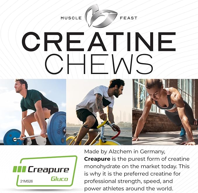 Muscle Feast Vegan Creatine Monohydrate, Gluten-Free Creapure Chews, Lemon Lime, 120 Tabs