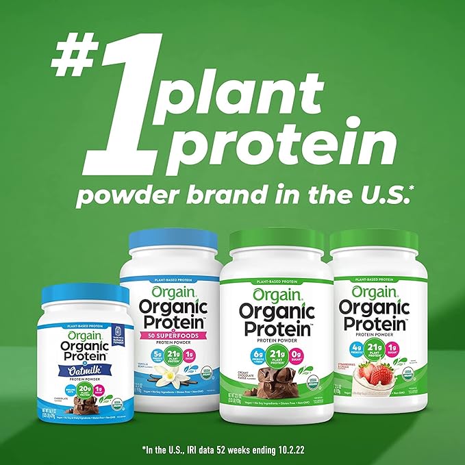 Orgain Organic Vegan Protein Powder + Greens, Creamy Chocolate Fudge - 21g Plant Based Protein, 7g Prebiotic Fiber for Gut Health, Gluten Free, No Lactose Ingredients, No Sugar Added, Non-GMO - 1.94lb