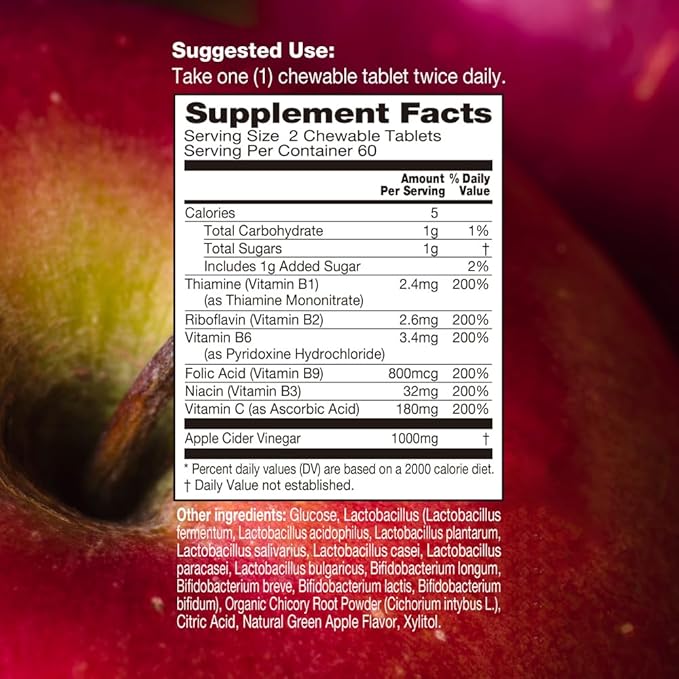 Apple Cider Vinegar 90 Chewable Tablets with Multi Vitamin Healthy Heart Immune Support Energy Production Supplement