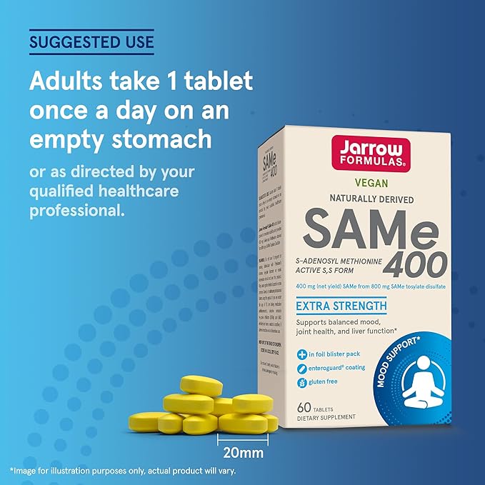 Jarrow Formulas® SAMe 400 mg, Supports Joint Health, Liver Function, Brain Metabolism, 60 Tablets, Up To a 60 Day Supply