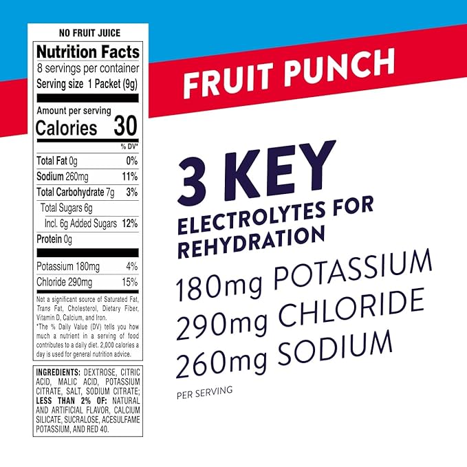 Pedialyte Fast Hydration Electrolyte Powder Packets, Fruit Punch, Hydration Drink, 8 Single-Serving Powder Packets