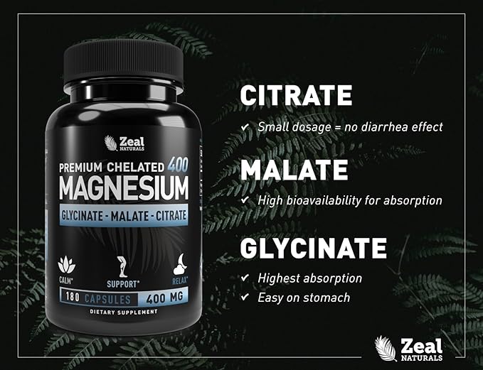 Premium Chelated Magnesium Glycinate, Malate, Citrate (400mg | 180 Capsules) Triple Blend Magnesium Complex w. Magnesium Malate Magnesium Glycinate and Magnesium Citrate