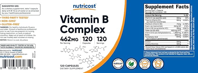 Nutricost High Potency Vitamin B Complex 462mg, 120 Capsules - with Vitamin C - Energy Complex