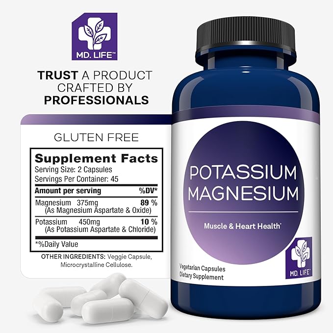 MD. Life Magnesium Potassium Supplement - 90 Capsules - High Absorption Magnesium Complex to Support Vascular Health & Leg Cramp 90cts