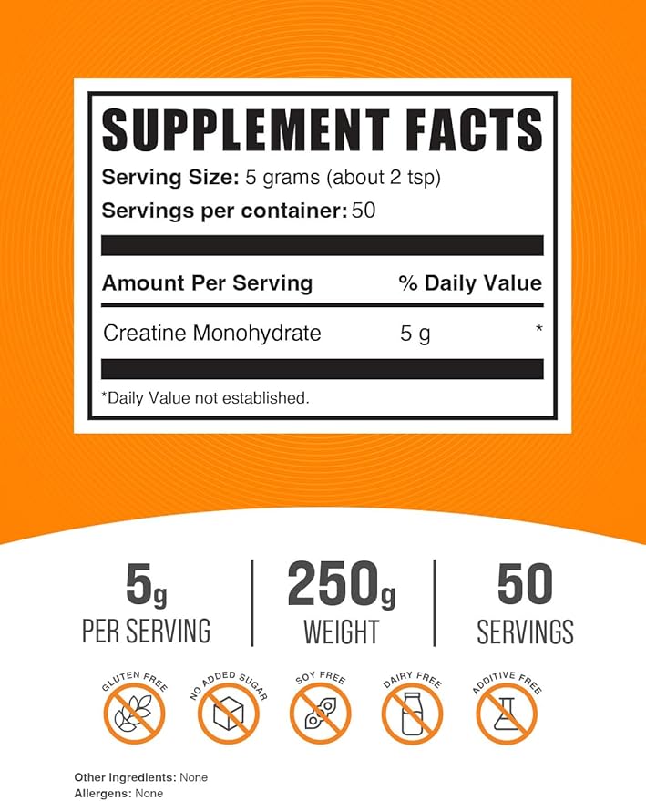 BulkSupplements.com Creatine Monohydrate Powder - Creatine Supplement, Micronized Creatine, Creatine Powder - Unflavored & Gluten Free, 5g (5000mg) per Servings, 250g (8.8 oz) (Pack of 1)
