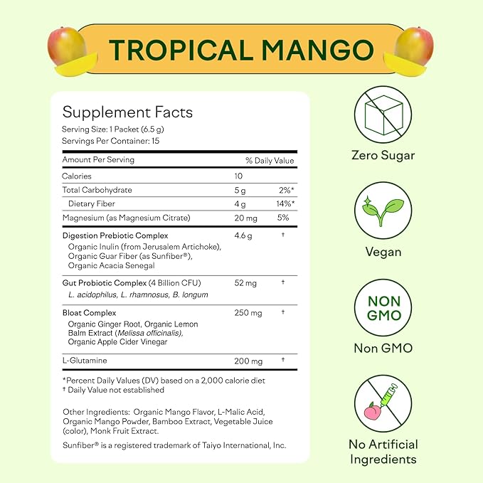 Feel Goods Gut Guardian, Prebiotic & Probiotic Powder, Sugar Free, Organic Fiber, Herbs for Bloat, Gut Health Support, Digestive Health for Men & Women, Non GMO, Vegan | Tropical Mango, 15 Servings