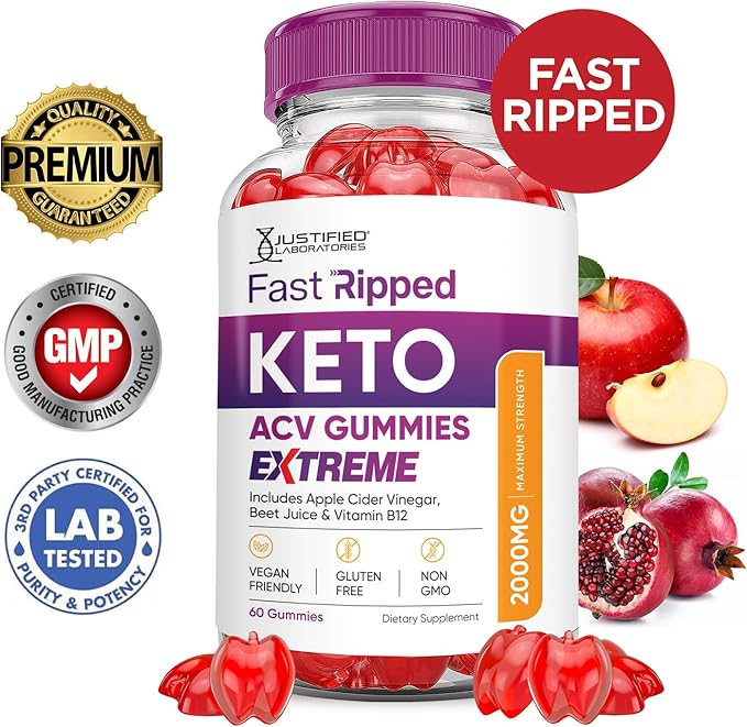 (2 Pack) Fast Ripped Keto ACV Gummies Extreme 2000MG Fast Ripped Keto Gummies Apple Cider Vinegar Formulated with Pomegranate Beet Juice Powder B12 Vegan Non GMO 120 Gummys
