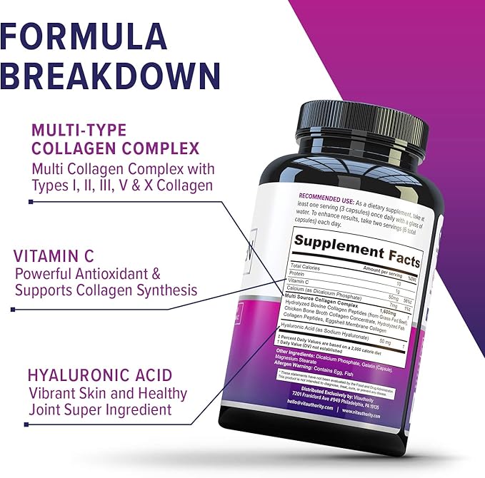 Vitauthority Multi Collagen Pills for Women and Men High Absorption Hydrolyzed Collagen Peptides Capsules for Hair Skin and Nails with Types I II III V X Hyaluronic Acid and Vitamin C - 60 Servings