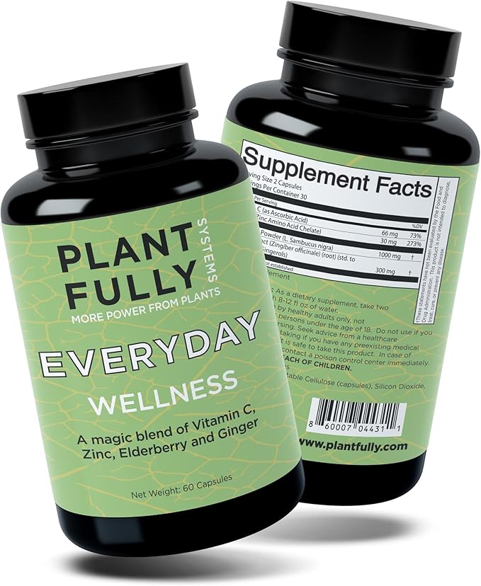 Wellness Supplement (30 Capsules) - Ginger, Elderberry, Vitamin C, and Zinc Blend to Support Immune Health and antioxidant Levels, Boost Immunity, Vegan, Non-GMO, Sugar Free
