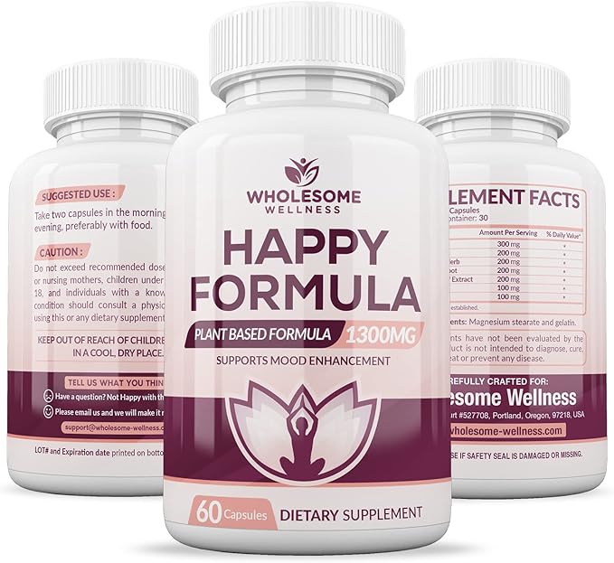 Wholesome Wellness Happy Formula Natural Formula Relief Supplement for Women & Men | 60 Capsules