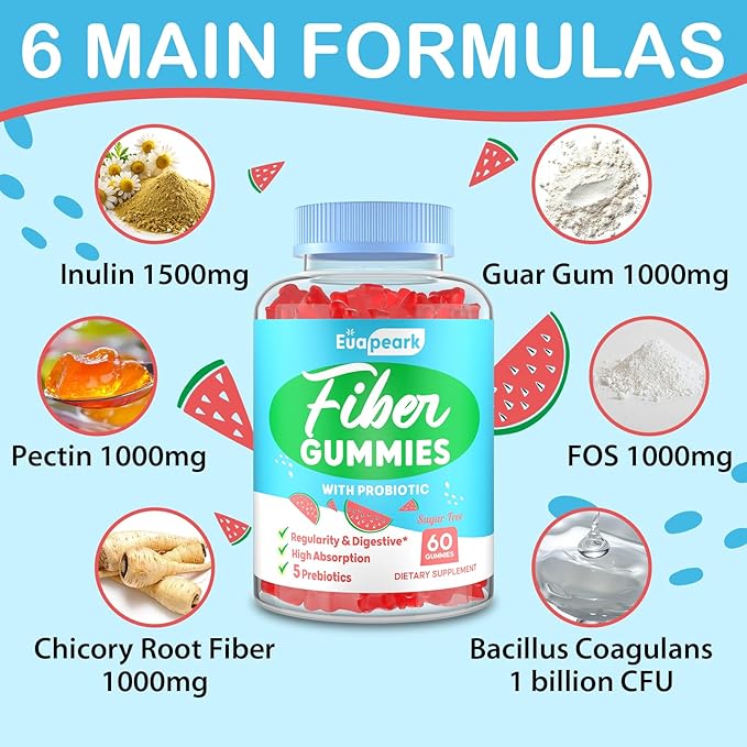 Fiber Gummies for Adults, Fiber Gummies for Women & Men, Fiber Gummies for Regularity, Digestion & Gut Health, 5 Prebiotics Complex, Inulin, Fos, Chicory Root - Fiber 5g, Sugar Free, 9 Packs