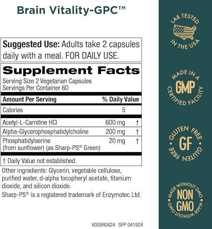 Purity Products Brain Vitality-GPC Super Formula Acetyl L-Carnitine HCI + Alpha GPC + Phosphatidlyserine - Supports Normal Concentration and Mental Clarity - 120 Caps
