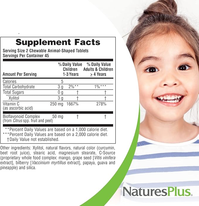 Natures Plus Animal Parade Sugar-Free Children's Vitamin C, Natural Orange Juice Flavor - 90 Chewable Animal Shaped Tablets - Immune Support - Gluten Free - 45 Servings