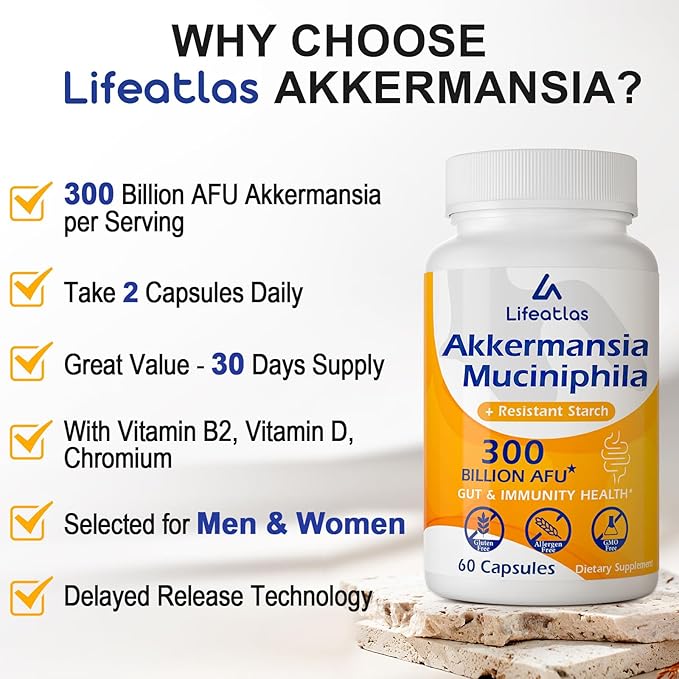 GLP-1 Supplement | 300 Billion AFU Akkermansia Muciniphila, Akkermansia Probiotic for Women Men, Akka Superbiotics for GLP-1 Production, Digestive, Gut, Immunity, Enhances Gut Lining Function, 60 Caps