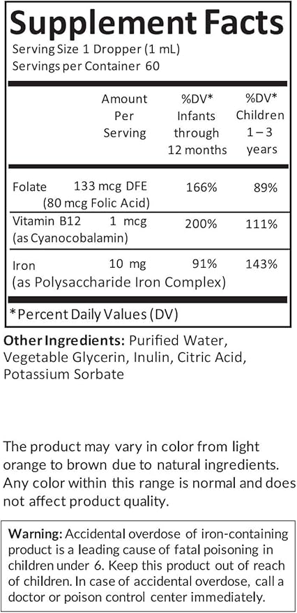 Kiddivit Baby Iron Liquid Drops with Vitamin B12 & Folate - 60 Daily Servings, 2 Fl Oz (60 mL) - Inulin Fortified (Prebiotic, Dietary Fiber) - Sugar Free, Gluten Free, Vegetarian Friendly