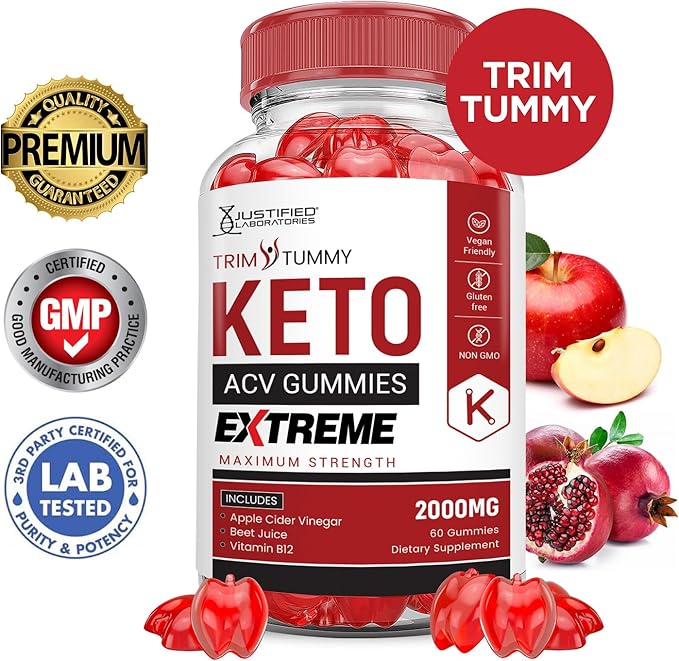 (2 Pack) Trim Tummy Keto ACV Gummies Extreme 2000MG Trim Tummy Keto Gummies Apple Cider Vinegar Formulated with Pomegranate Beet Juice Powder B12 Vegan Non GMO 120 Gummys