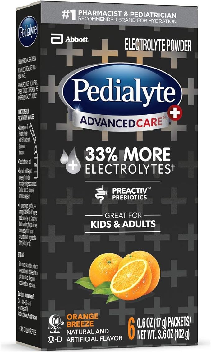 Pedialyte AdvancedCare Plus Electrolyte Powder, with 33% More Electrolytes and PreActiv Prebiotics, Orange Breeze, Electrolyte Drink Powder Packets, 0.6 oz, 6 Count