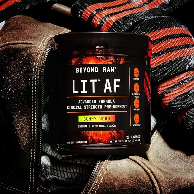 BEYOND RAW LIT AF | Advanced Formula Clinical Strength Pre-Workout Powder | Contains Caffeine, L-Citruline, and Nitrosigine | Gummy Worm | 20 Servings