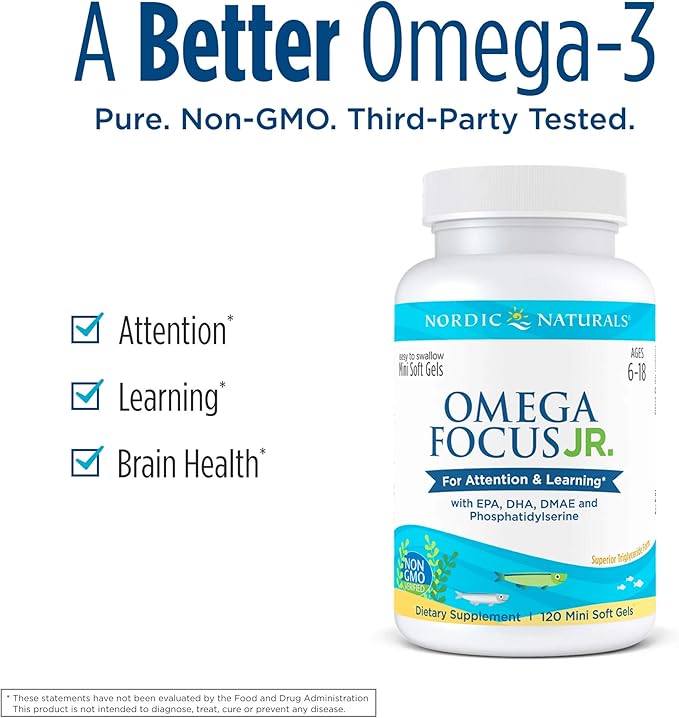 Nordic Naturals Omega Focus Jr., Lemon - 120 Mini Soft Gels - 900 mg Total Omega-3s with EPA, DHA, DMAE & Phosphatidylserine - Attention, Learning - Non-GMO - 30 Servings