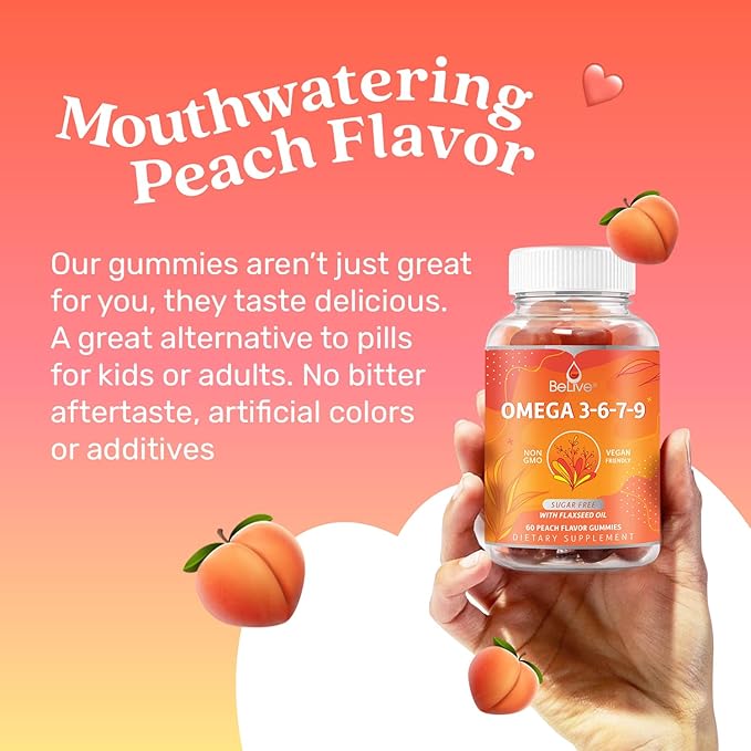 BeLive Organic Omega 3 Gummies - Omega 3 6 9 7 DHA & EPA from Flaxseed Oil & Sea Buckthorn Fruit Oil, Vegan Omega 3 for Kids & Adults, Full Body, Brain & Eye Support, Sugar Free – Peach | 3-Pack