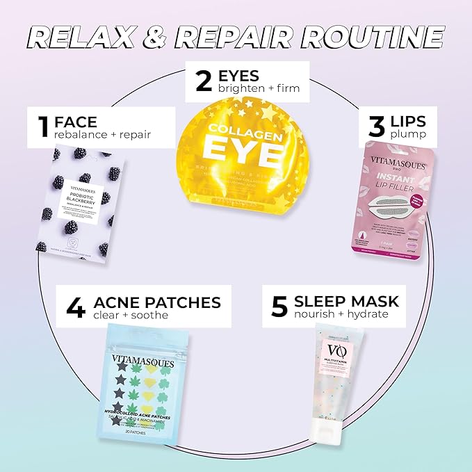 Vitamasques Probiotic Blackberry Face Sheet Mask 7 Pack - Facial Mask Rebalances & Repairs Skin with Multi Molecular Hyaluronic Acid - Natural & Biodegradable