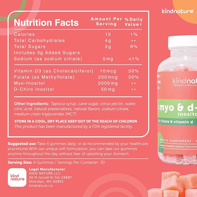 Kind Nature Myo-Inositol & D-Chiro Inositol Gummies with Vitamin D & Folate - Ideal 40:1 Ratio - 30 Day Supply