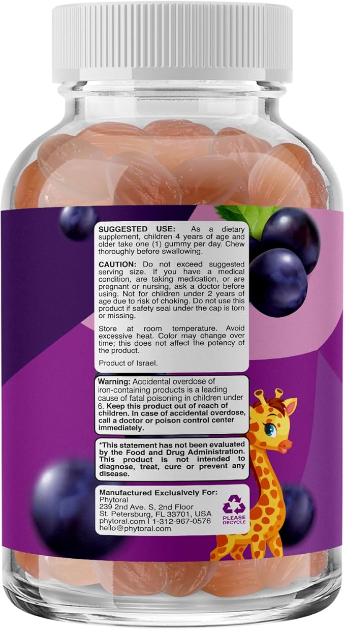 Tasty Kids Multivitamin with Iron Gummy - Gentle Iron Gummies for Kids and Toddlers with Vitamin C and B Complex - Non Constipating Iron Supplements for Kids - Vegetarian Non GMO Kosher Gluten Free