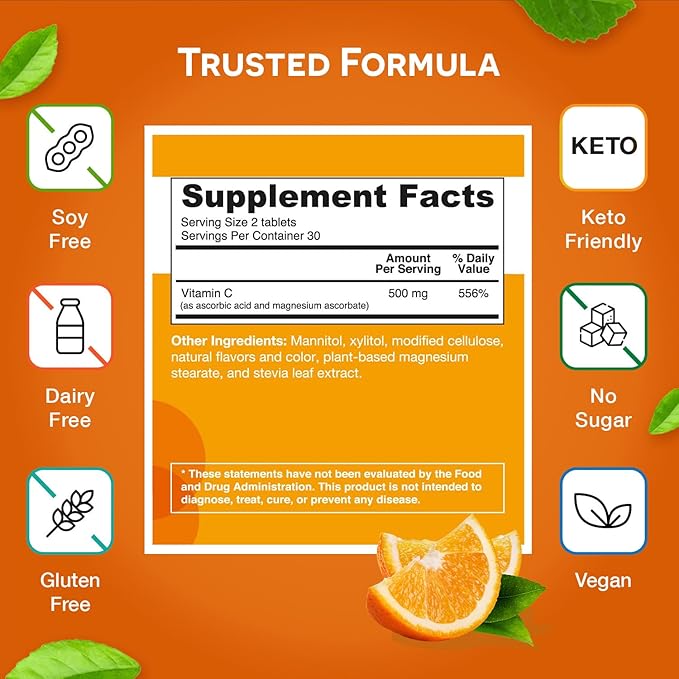 EZ Melts Dissolvable Vitamin C 500 mg, Sugar-Free, 1-Month Supply