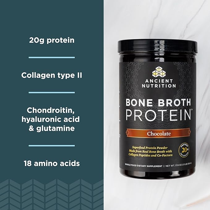 Ancient Nutrition Protein Powder Made from Real Bone Broth, Chocolate, 20g Protein Per Serving, 40 Serving Tub, Gluten Free Hydrolyzed Collagen Peptides Supplement