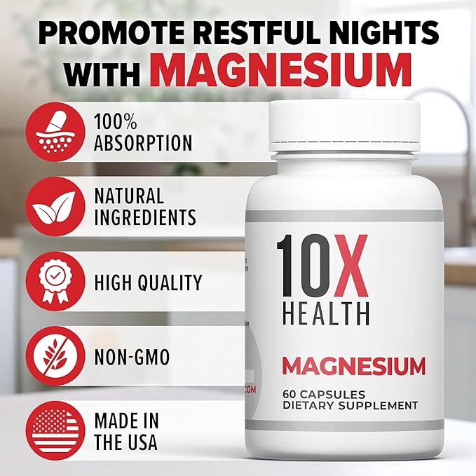 10X Health Magnesium Citrate Capsules - Magnesium Supplement for Adults to Support Sleep, Muscle Function, Stress, Cardiovascular & Heart Support - 60 Capsules