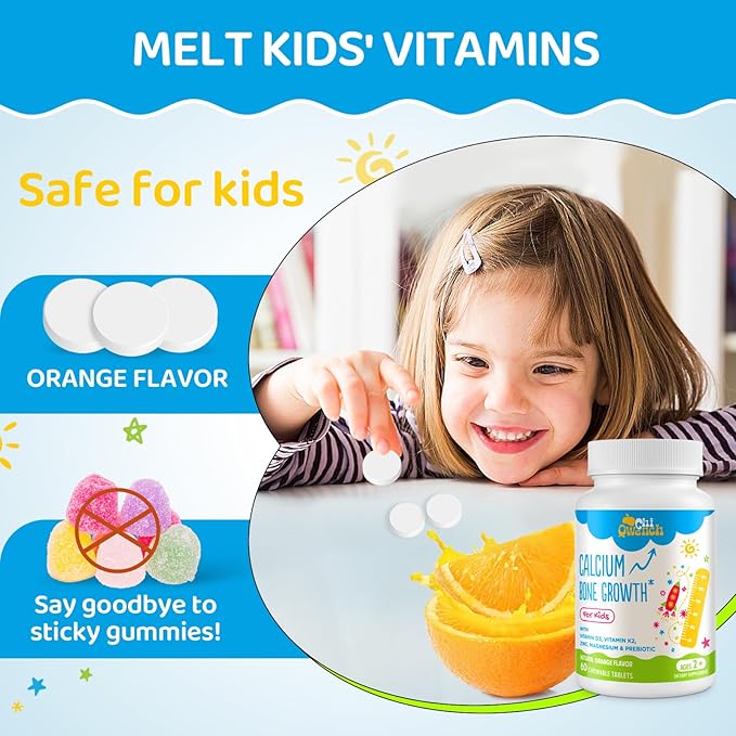 500 MG Calcium Supplement with Vitamin D3 & K2, Zinc, Magnesium & Prebiotics. Kids Vitamins for Kids' Height. Bone Strength, High Absorption, Orange Chewables, Non-GMO, Gluten Free, 120 Tabs
