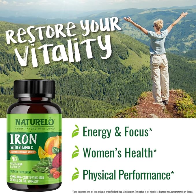 NATURELO Vegan Iron Supplement with Vitamin C and Organic Whole Foods - Gentle Pills for Women & Men w/Iron Deficiency Including Pregnancy, Anemia Diets 90 Mini Capsules