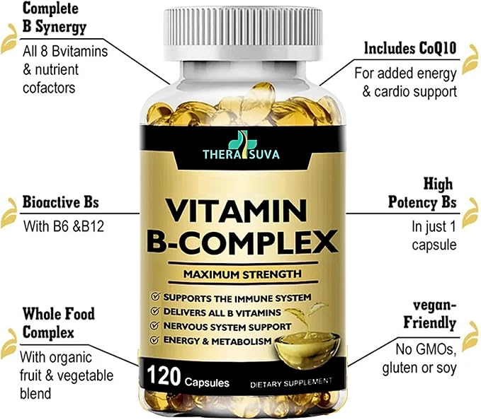 Vitamin B-Complex + CoQ10 + Vitamin C - Max Strength Supplement for Energy, Metabolism Support, 120 Softgels, 60 Day Supply