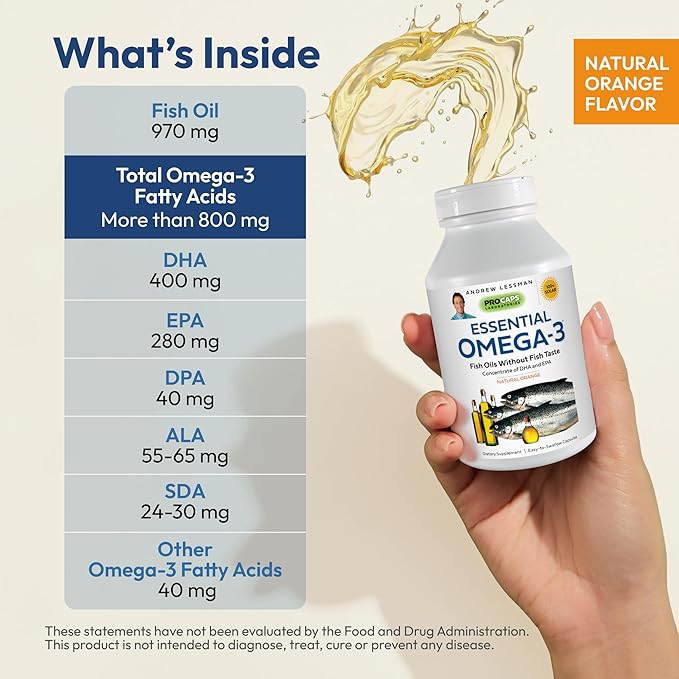 Andrew Lessman Essential Omega-3 Orange - 30 Softgels - Ultra-Pure, High Potency Omega-3 Oils. High DHA, No Stomach Upset, No Contaminants, No Mercury. Small Easy to Swallow Softgels