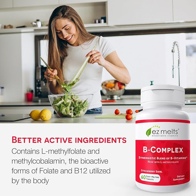 EZ Melts Dissolvable Vitamin B-Complex Tablet with Methyl B12 & Methyl Folate, Sugar-Free, 2-Month Supply
